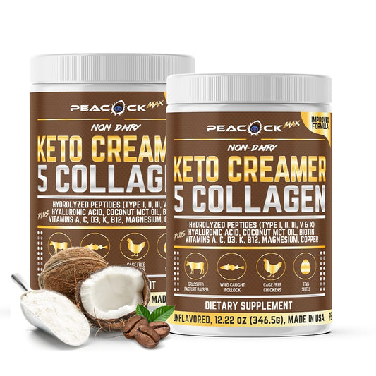 2-pack 24.44 oz Peacock Max Collagen Keto Creamer Powder - unflavored, coconut MCT