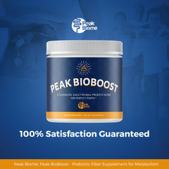 Packaging flatlay of Peak BioBoost with scoop for daily use.
