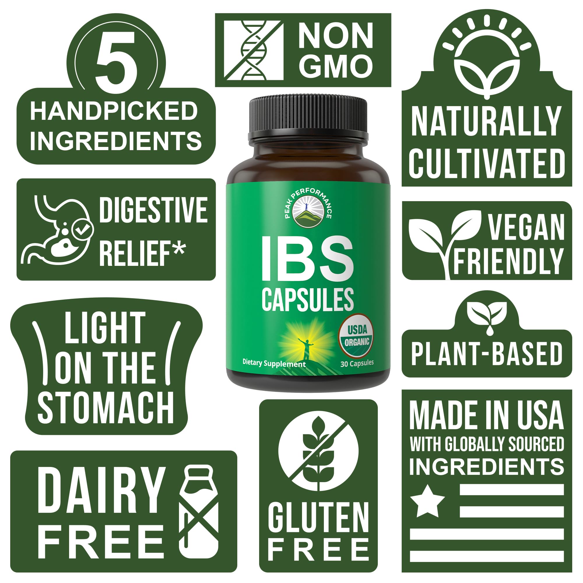 Pack shot of Peak Performance IBS capsules with five organic ingredients