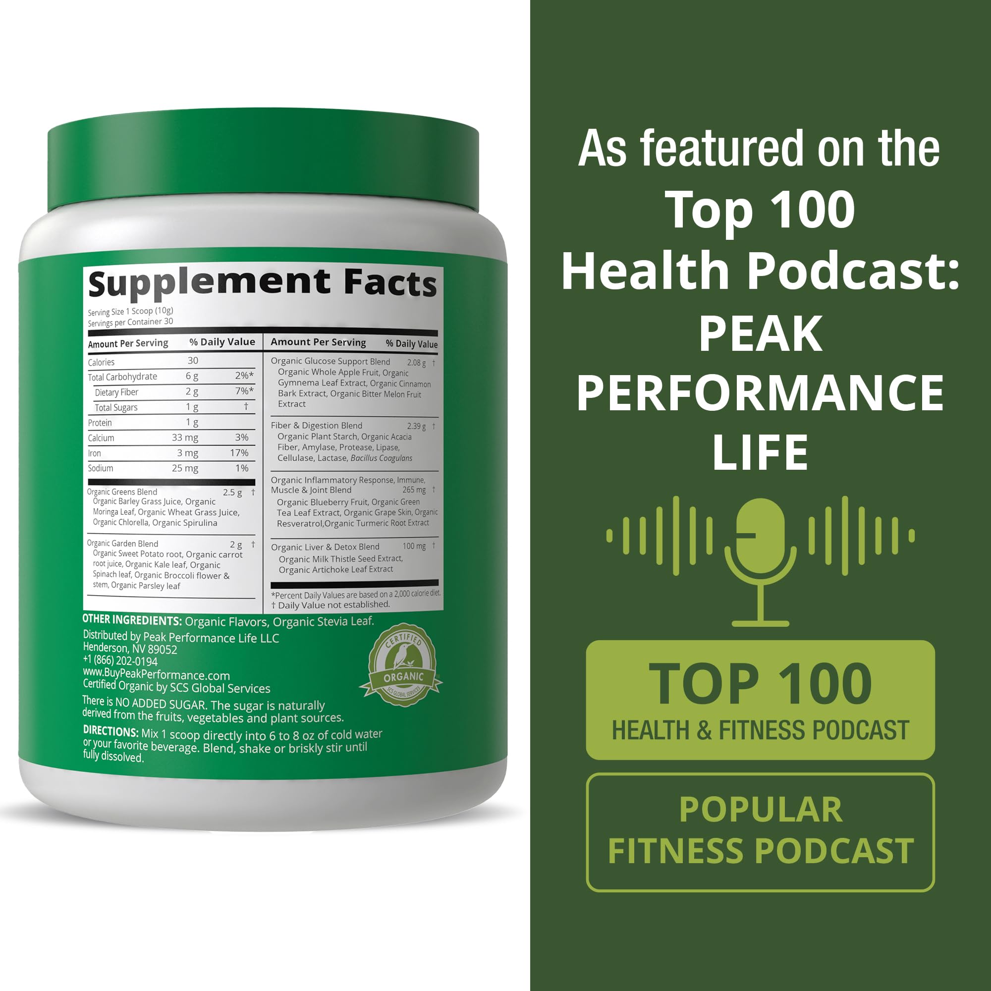 Peak Performance Organic Greens Powder ingredient-panel lists 25+ greens and botanicals.