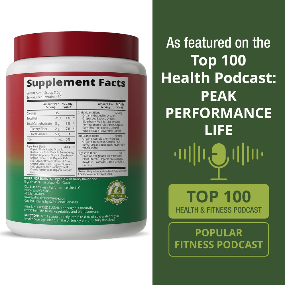 Peak Performance Organic Reds beetroot image highlights minerals and polyphenols