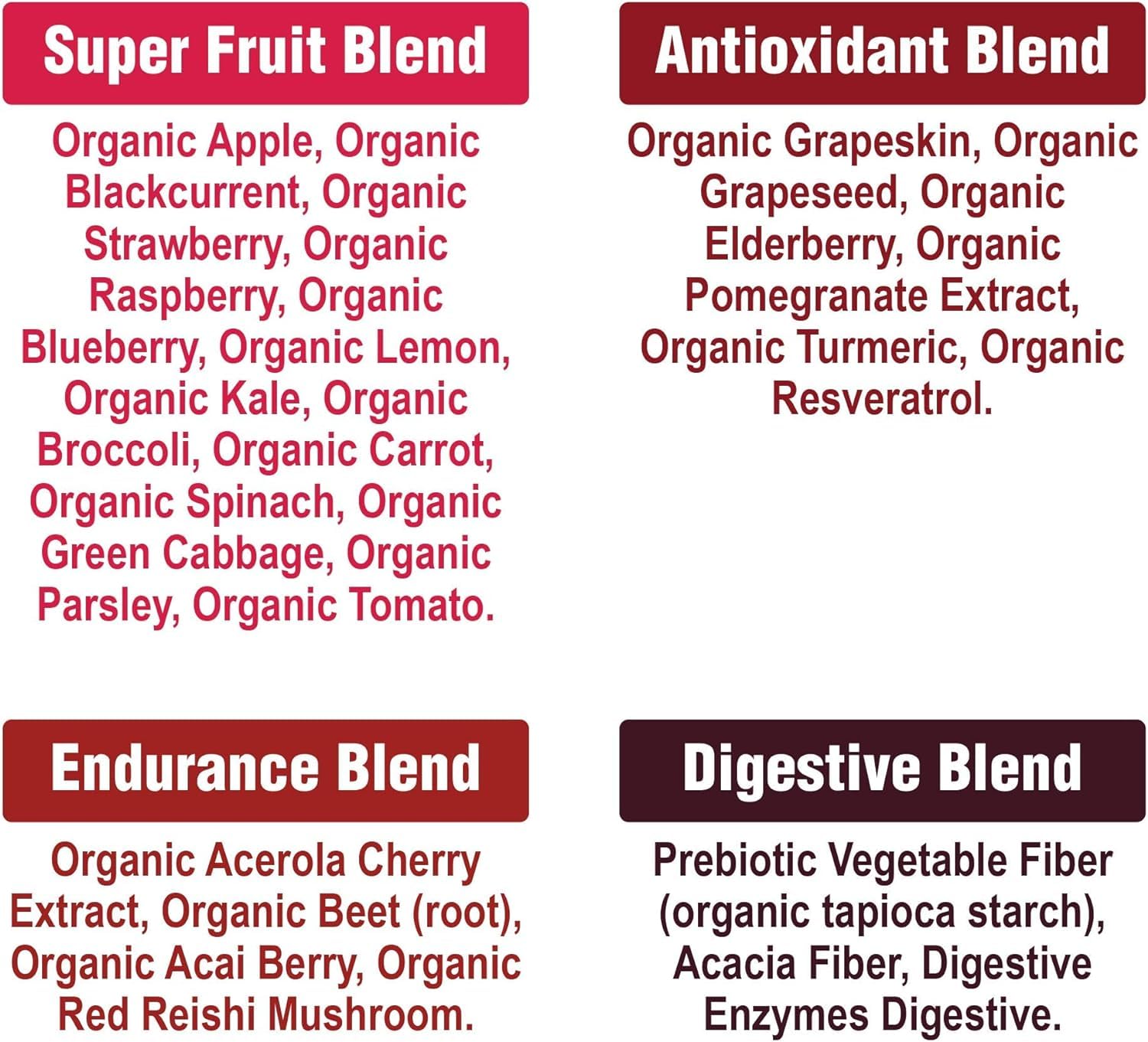 Peak Performance Organic Reds label closeup confirms organic vegan formulation