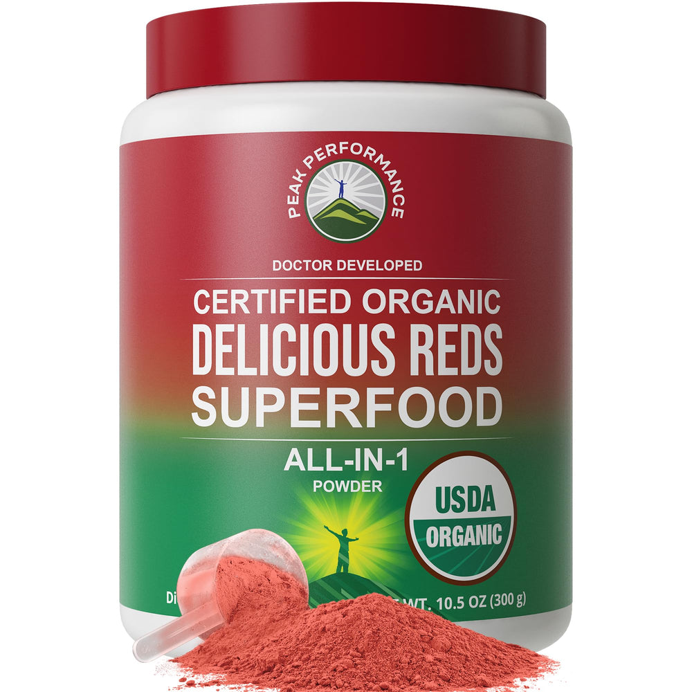 Peak Performance Organic Reds powder in tub boosts energy with antioxidants