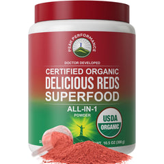 Peak Performance Organic Reds powder in tub boosts energy with antioxidants