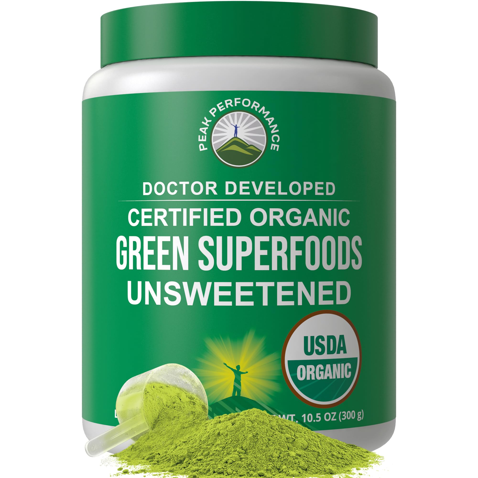 Peak Performance unsweetened greens bottle shows convenient daily energy support