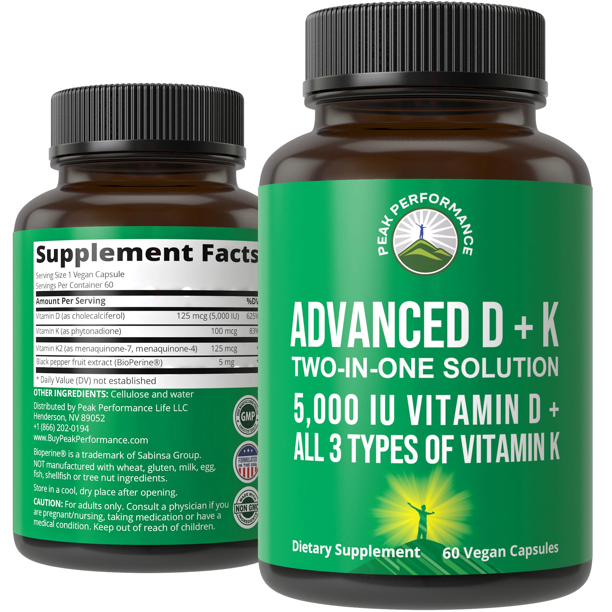 Peak Performance Vitamin D 5000 IU bottle with all 3 types of Vitamin K