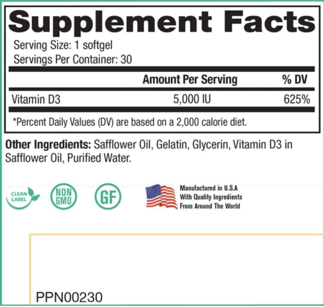 D3 5000 IU softgels in bottle
