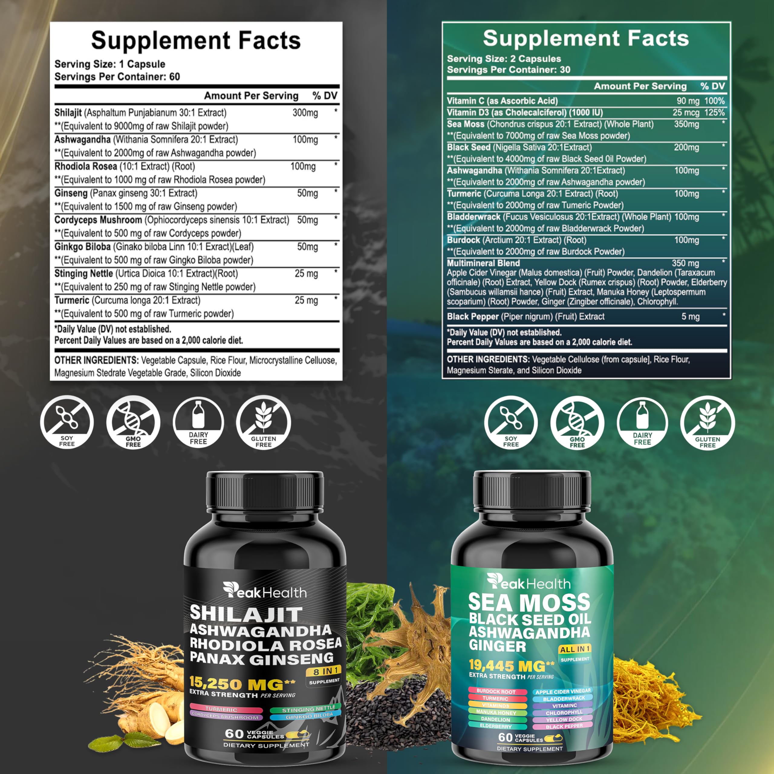 Ashwagandha and Sea Moss capsules highlighting key ingredients.