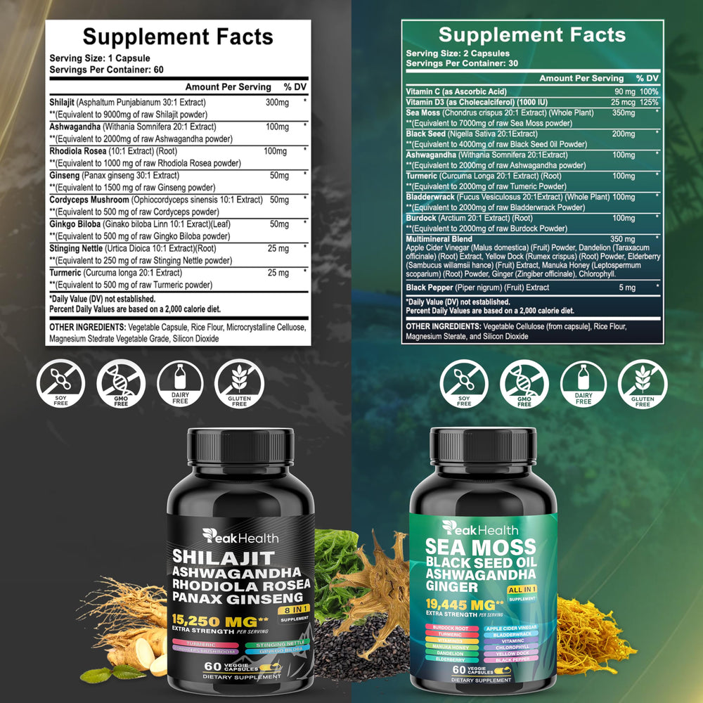 Ashwagandha and Sea Moss capsules highlighting key ingredients.