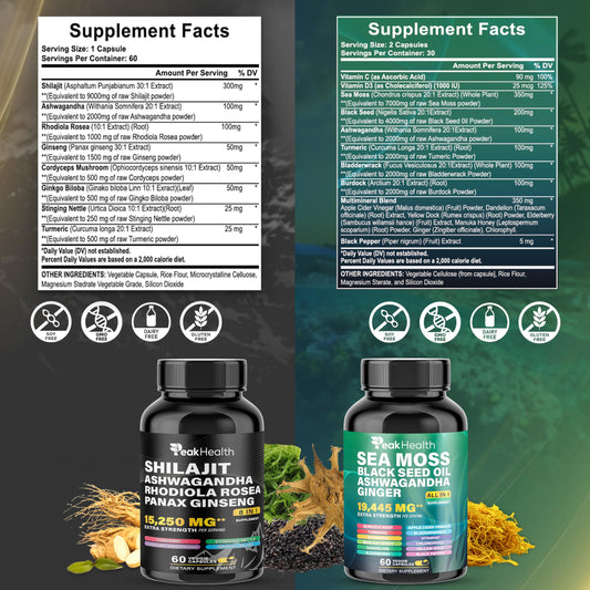 Ashwagandha and Sea Moss capsules highlighting key ingredients.