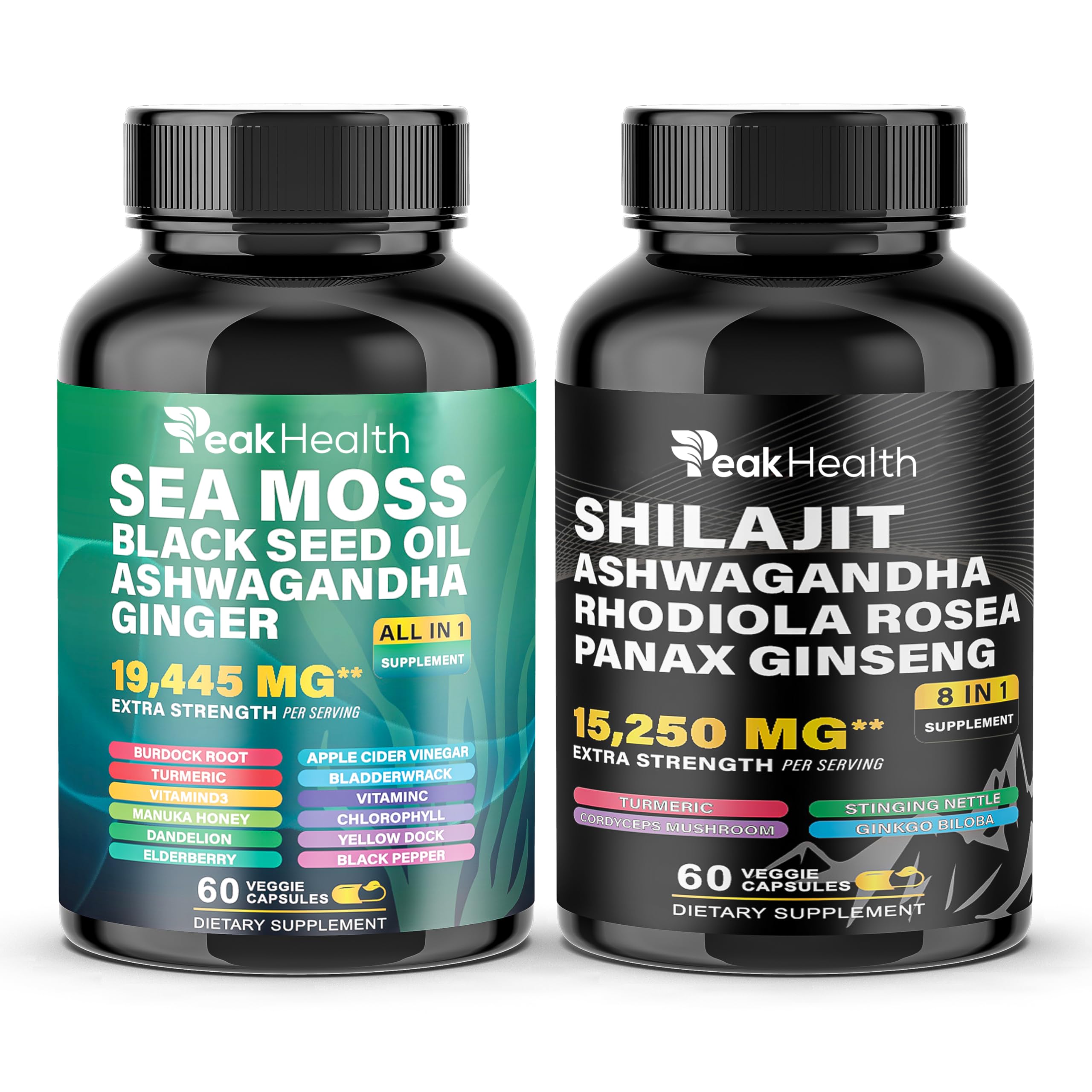Front view of Peakhealth Shilajit, Sea Moss and Black Seed Oil capsules.