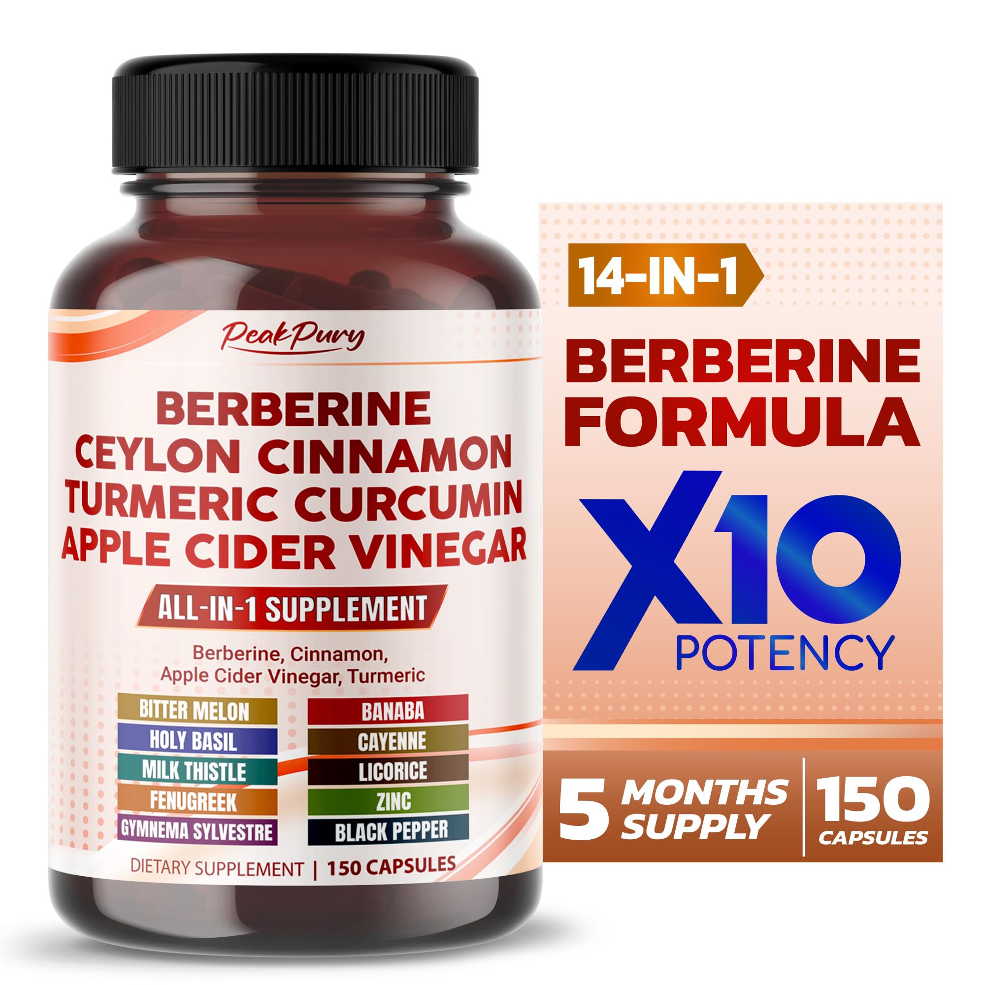 Front view of PeakPury Berberine Cinnamon Apple Cider Vinegar Turmeric bottle