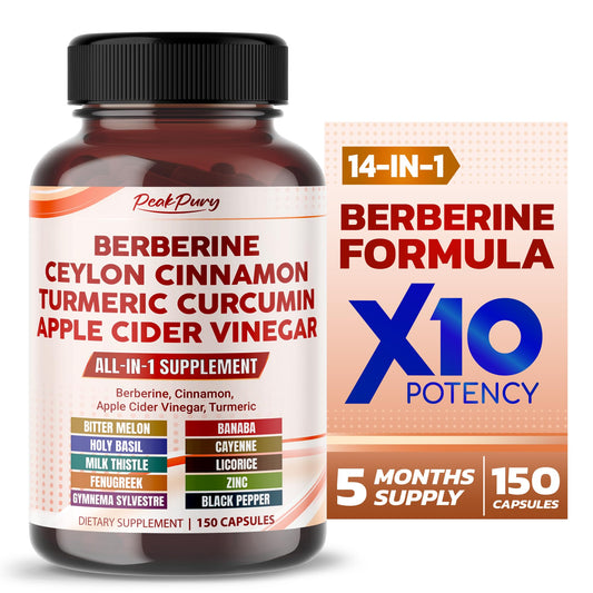 Front view of PeakPury Berberine Cinnamon Apple Cider Vinegar Turmeric bottle