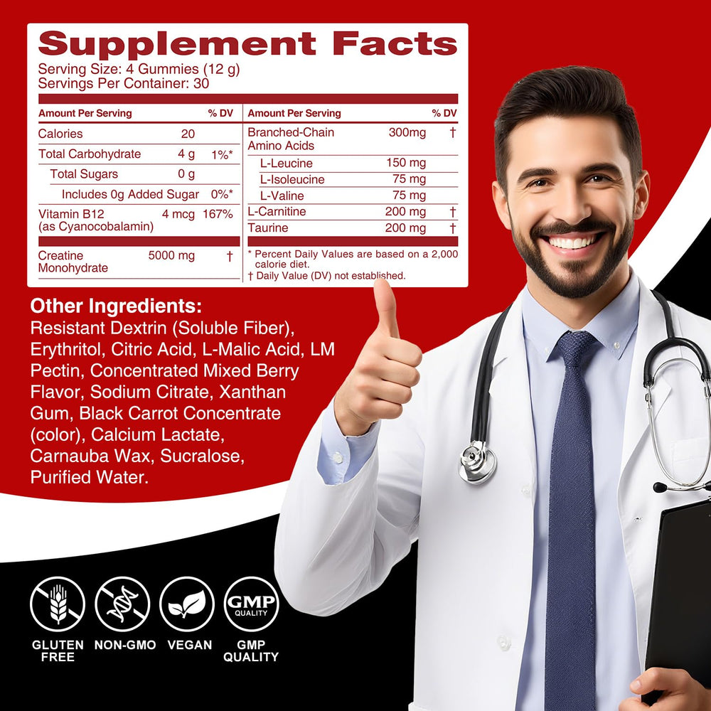 Ingredient panel showing Creatine Monohydrate, Taurine, BCAA 2:1:1, L-Carnitine and B vitamins