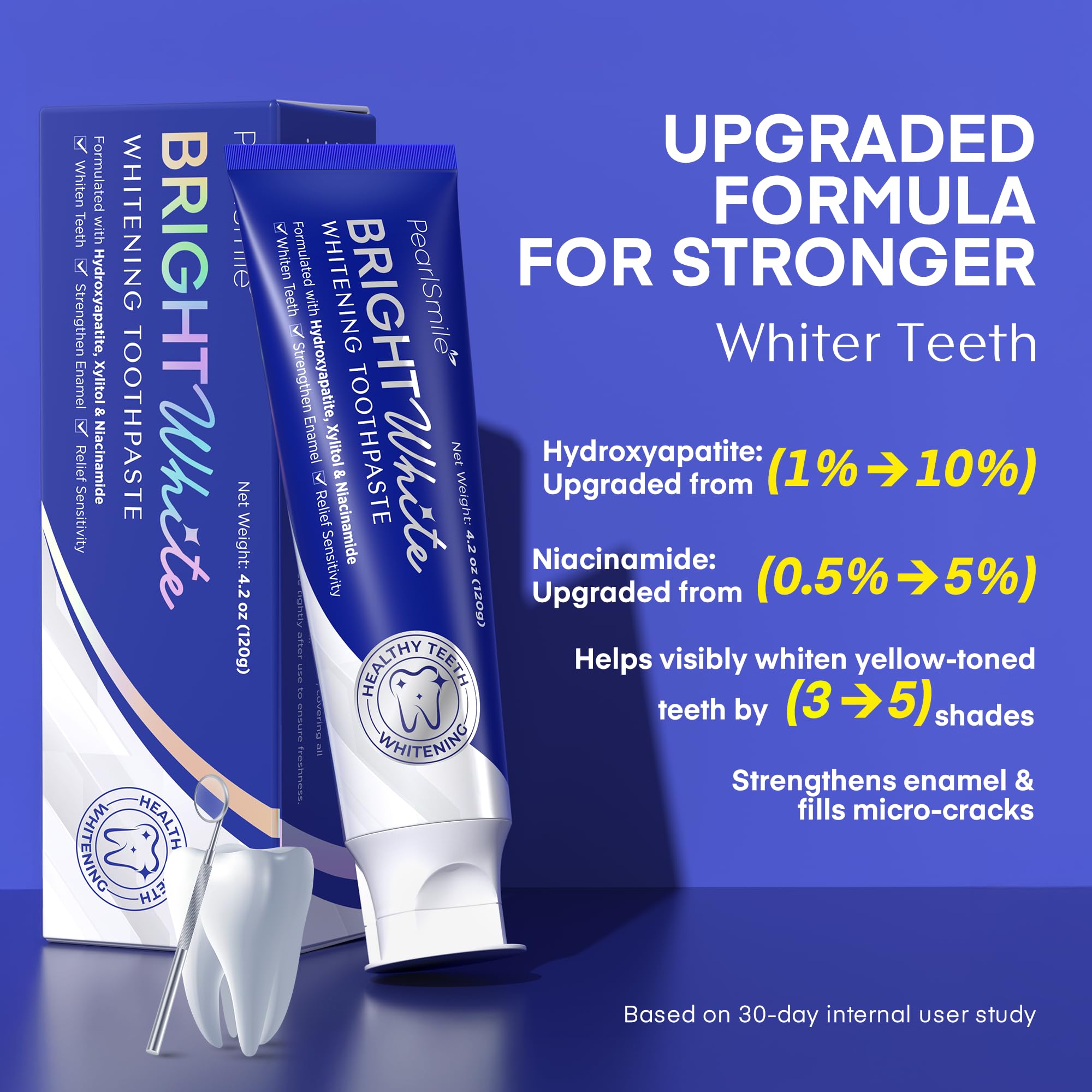 Tube of PearlSmile toothpaste showing 5% niacinamide