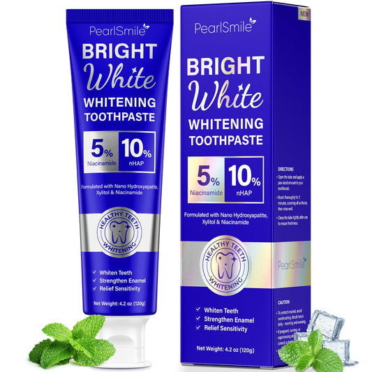 PearlSmile packaging featuring Niacinamide and Hydroxyapatite toothpaste