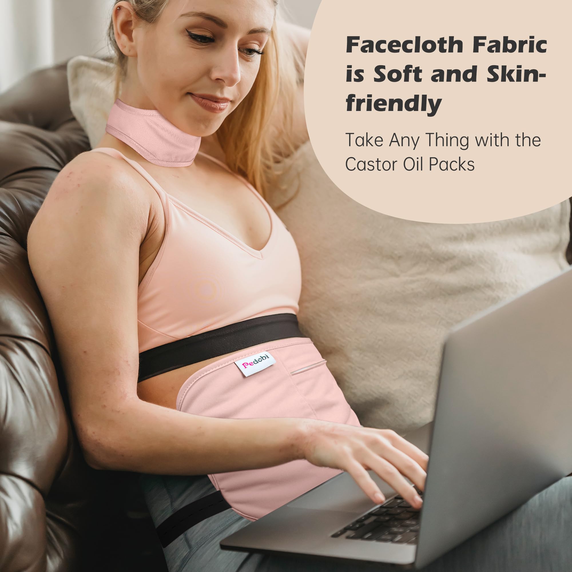 Pedobi castor oil pack wrap adjustable straps image demonstrates flexible fit for different body shapes.