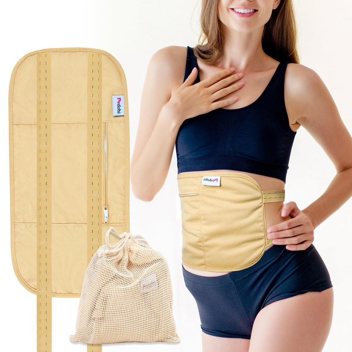 Pedobi castor oil pack wrap front view with soft organic fleece for comfortable absorption.