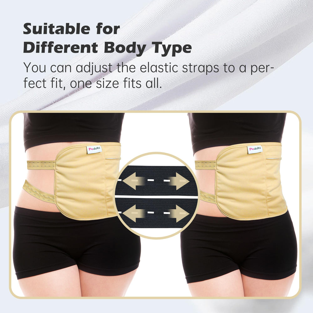 Pedobi wrap on the abdomen illustrates soothing heat contact.