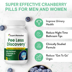 Product badges highlighting Non-GMO, allergen-free, and USA-made for Pee Less Discovery