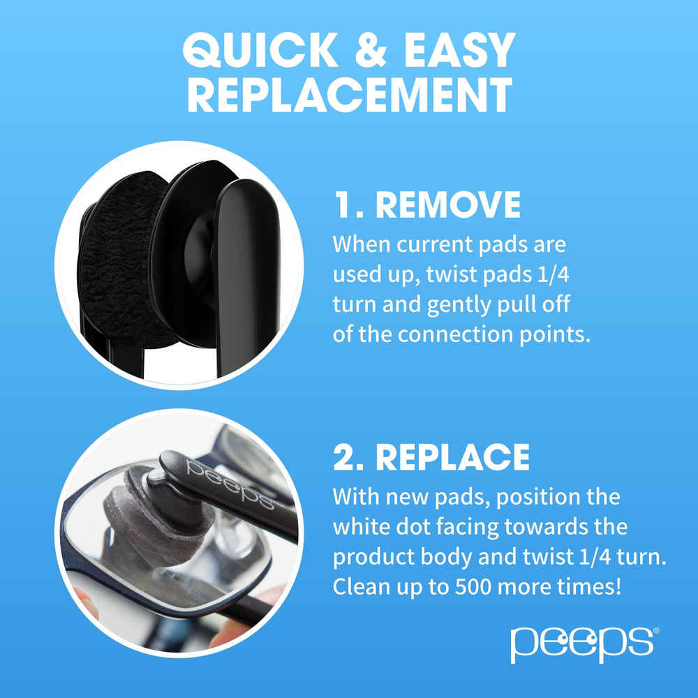 Hand cleaning eyeglasses with Peeps CarbonKlean pads