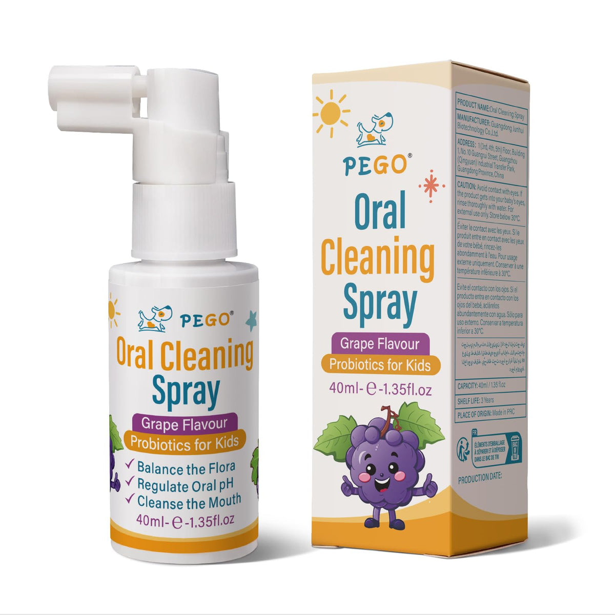 Front view of PEGO Kids Oral Spray grape flavor bottle