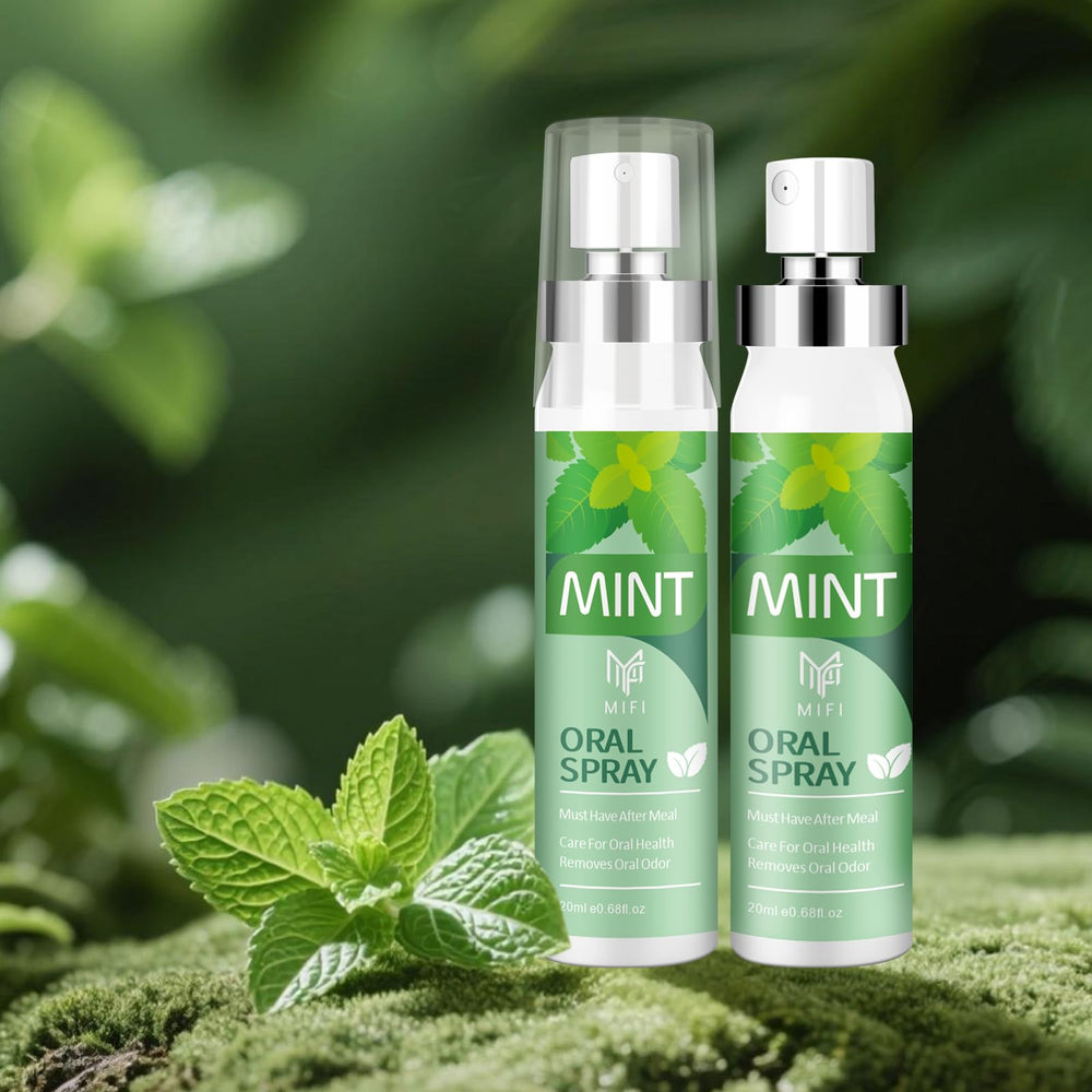 Close-up of breath spray moisturizing dry mouth