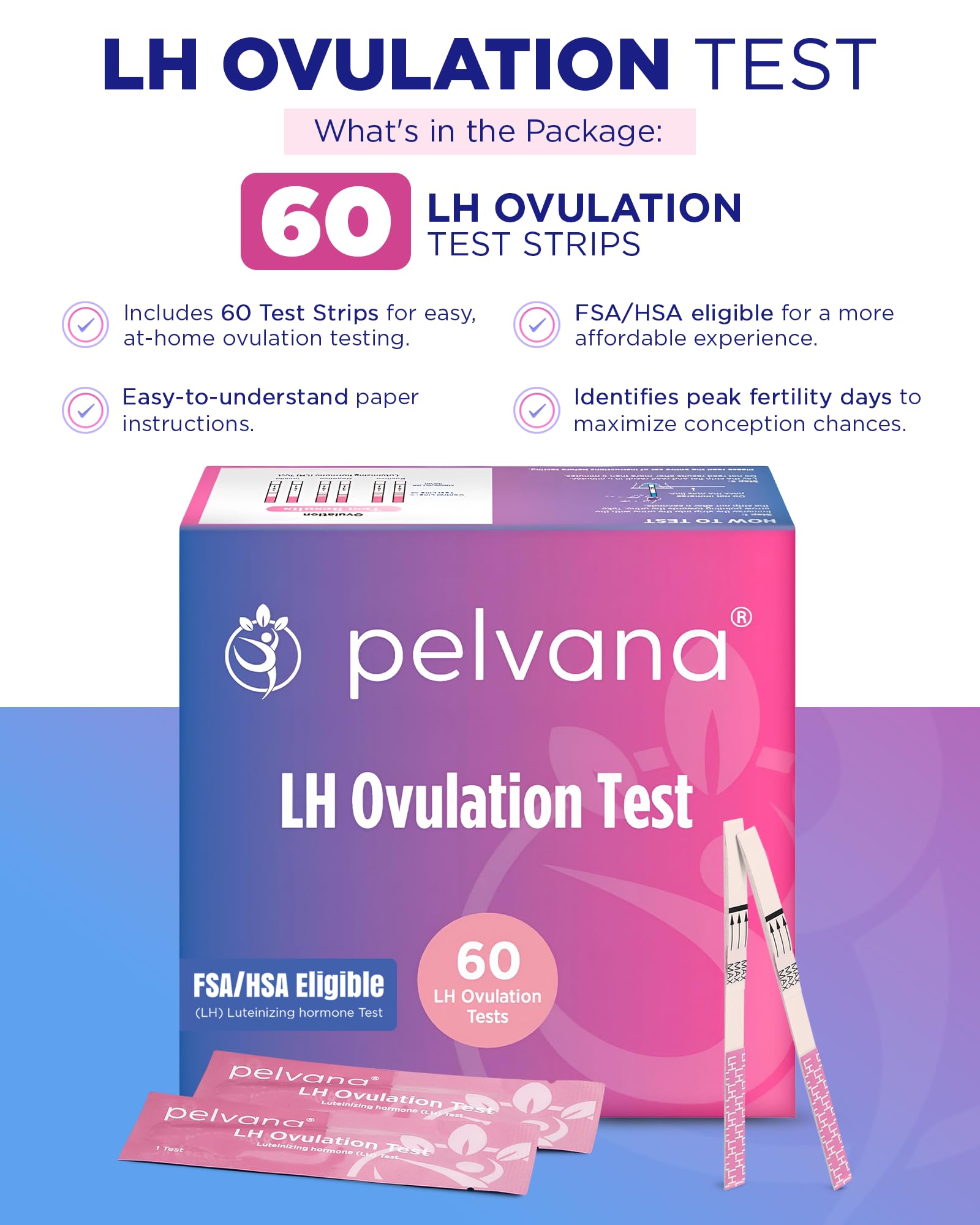 Close-up of Pelvana 60 LH test strips in the package