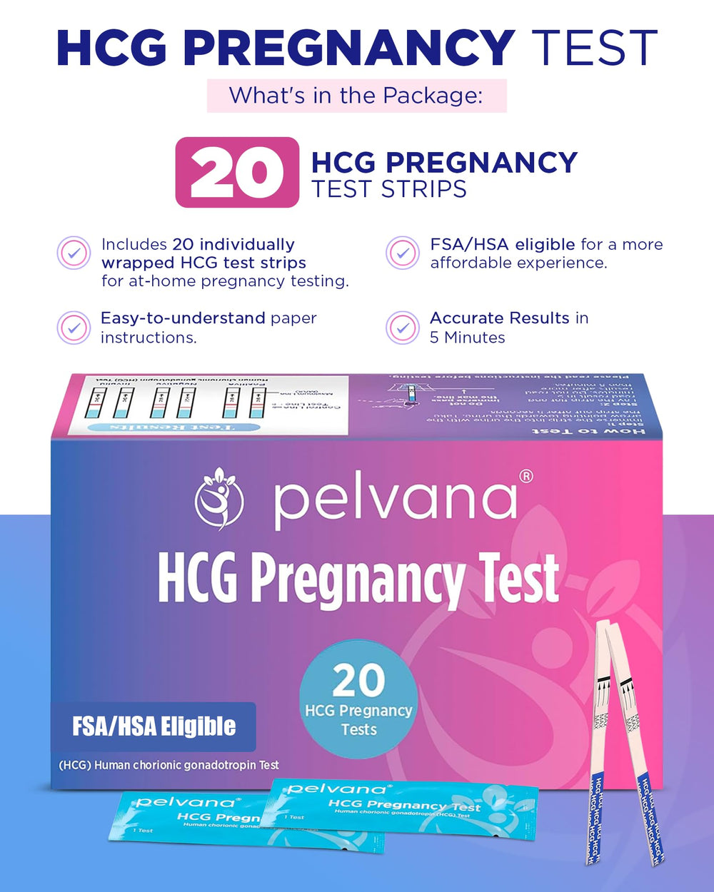 Close-up of Pelvana 20-count bulk HCG test strips