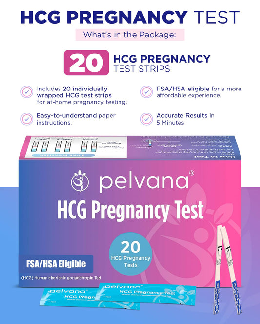 Close-up of Pelvana 20-count bulk HCG test strips