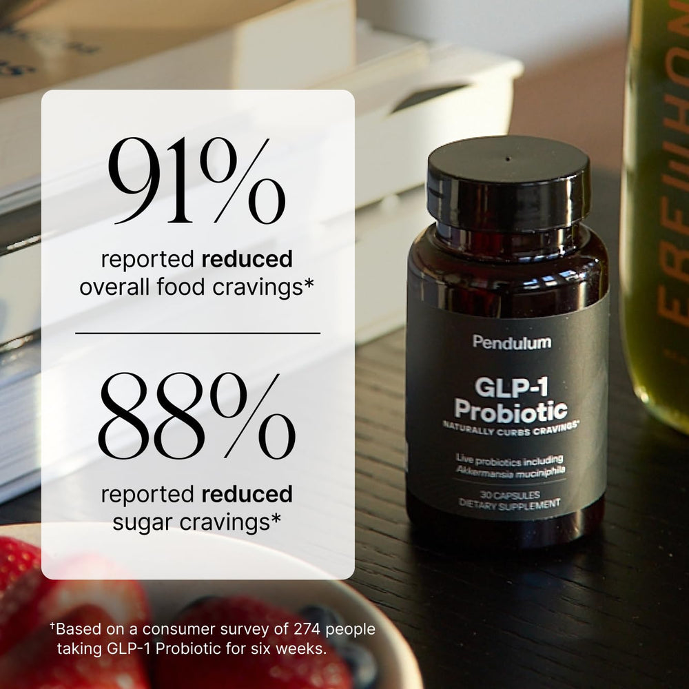 Pendulum GLP-1 Probiotic label detail showing Akkermansia ingredient.