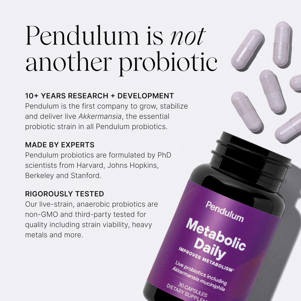 Close-up of Pendulum Metabolic Daily ingredients and strains