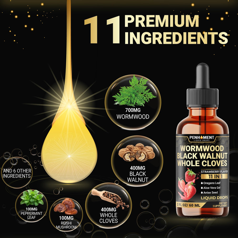 Ingredients collage featuring wormwood, walnut, cloves and more