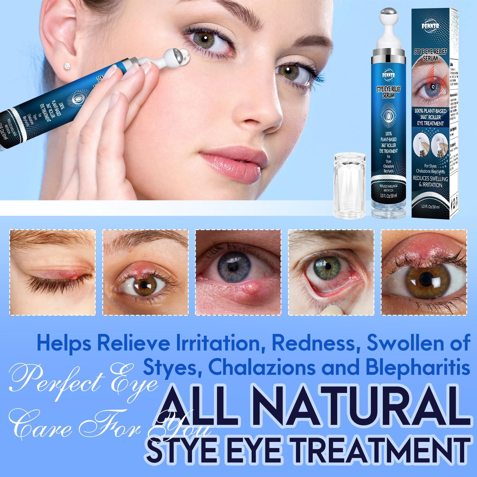 PENNTR Stye Eye Treatment application on eyelid demonstrates gentle glide for quick relief.