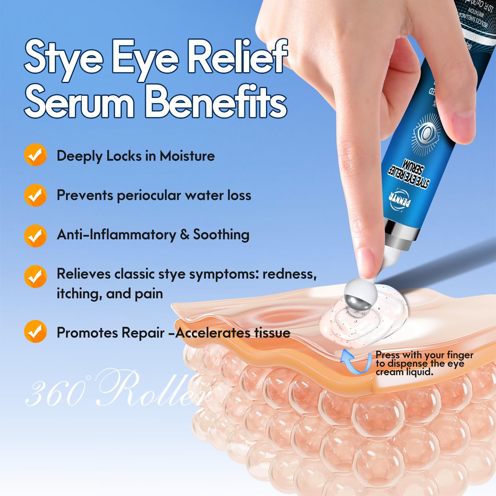 PENNTR Stye Eye Treatment rollerball closeup highlights smooth, touch-free eyelid massage.