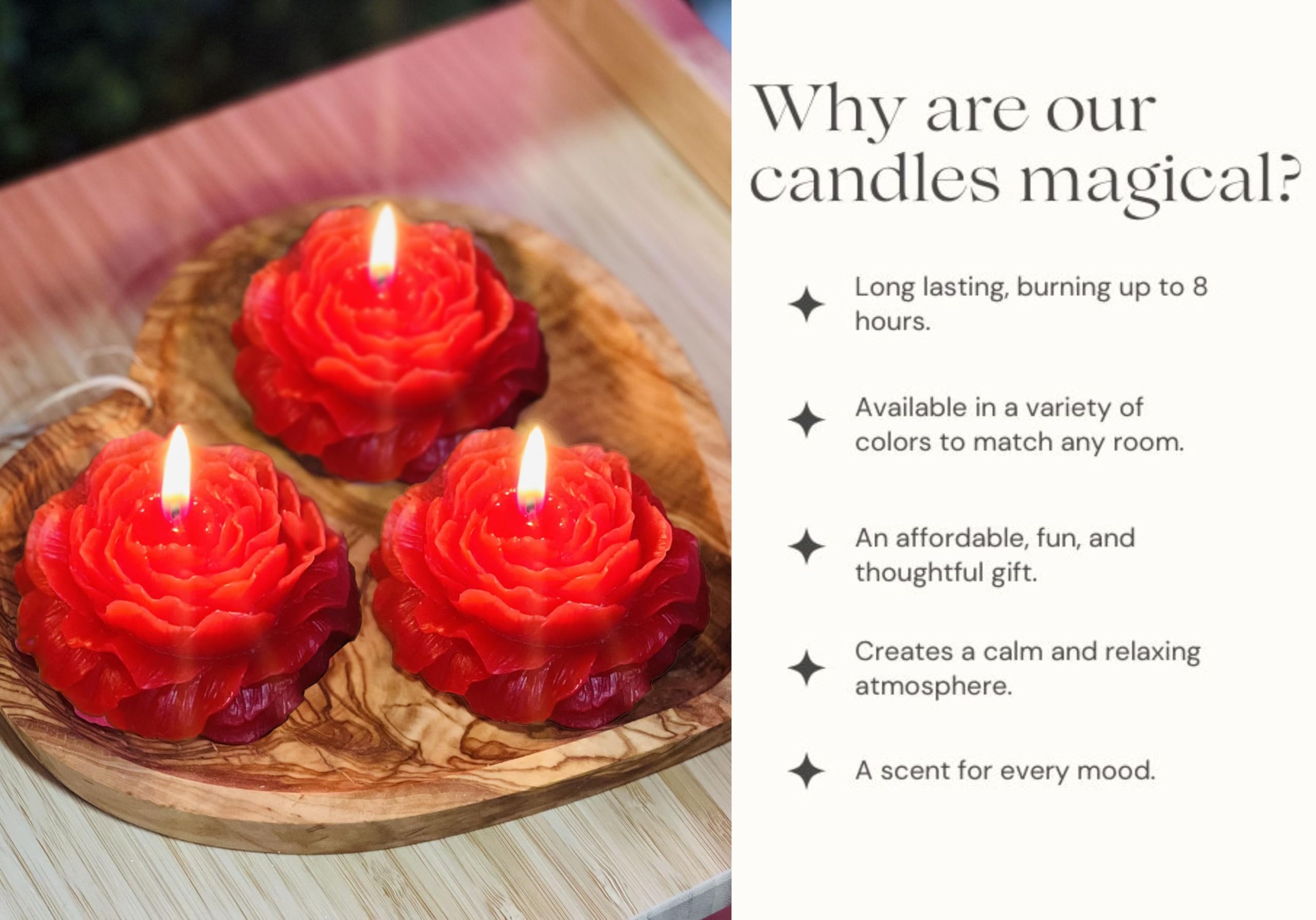 Lit red peony candle emitting warm glow