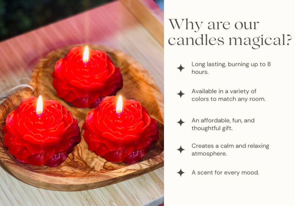 Lit red peony candle emitting warm glow
