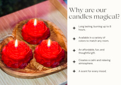 Lit red peony candle emitting warm glow
