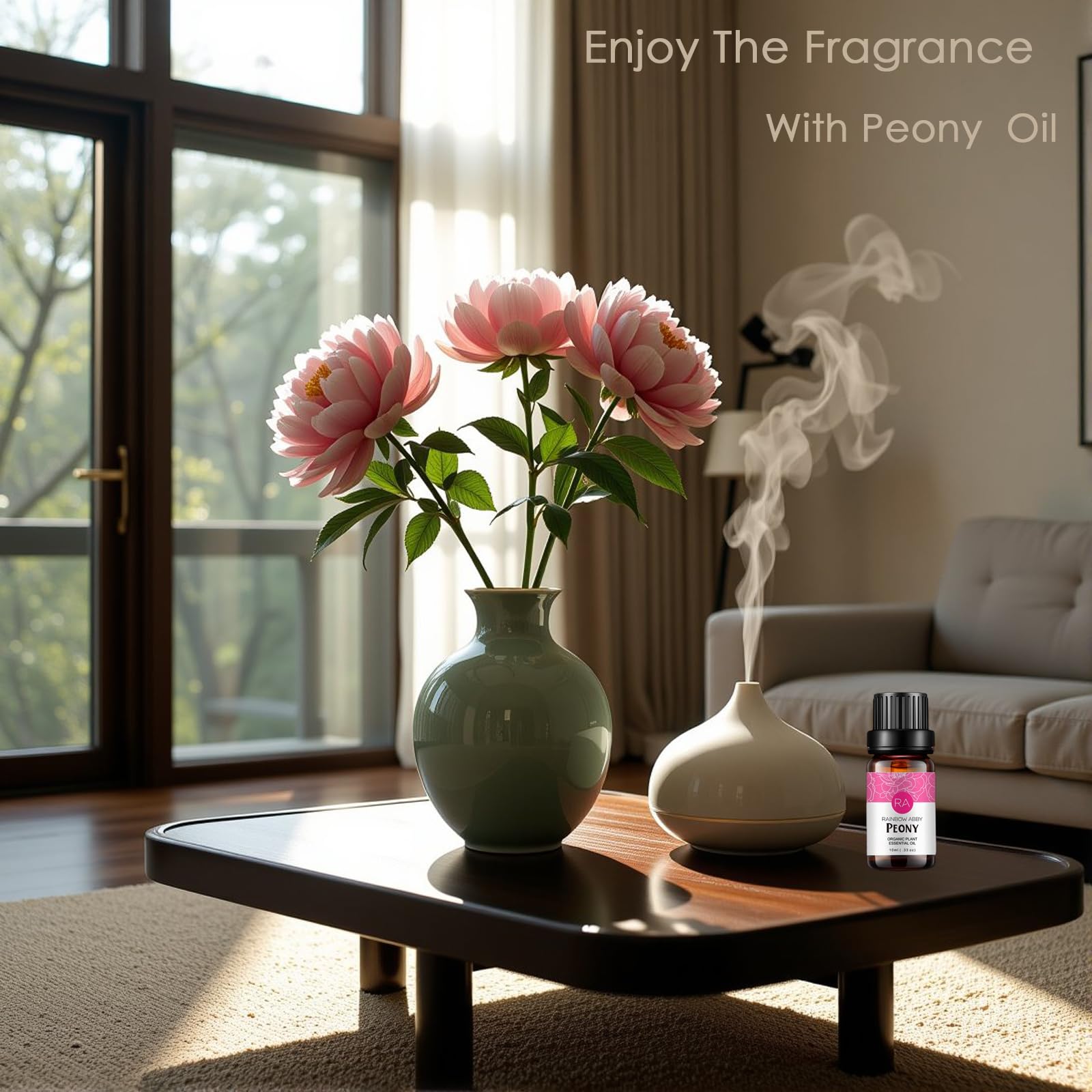 Close-up of Peony essential oil bottle with dropper