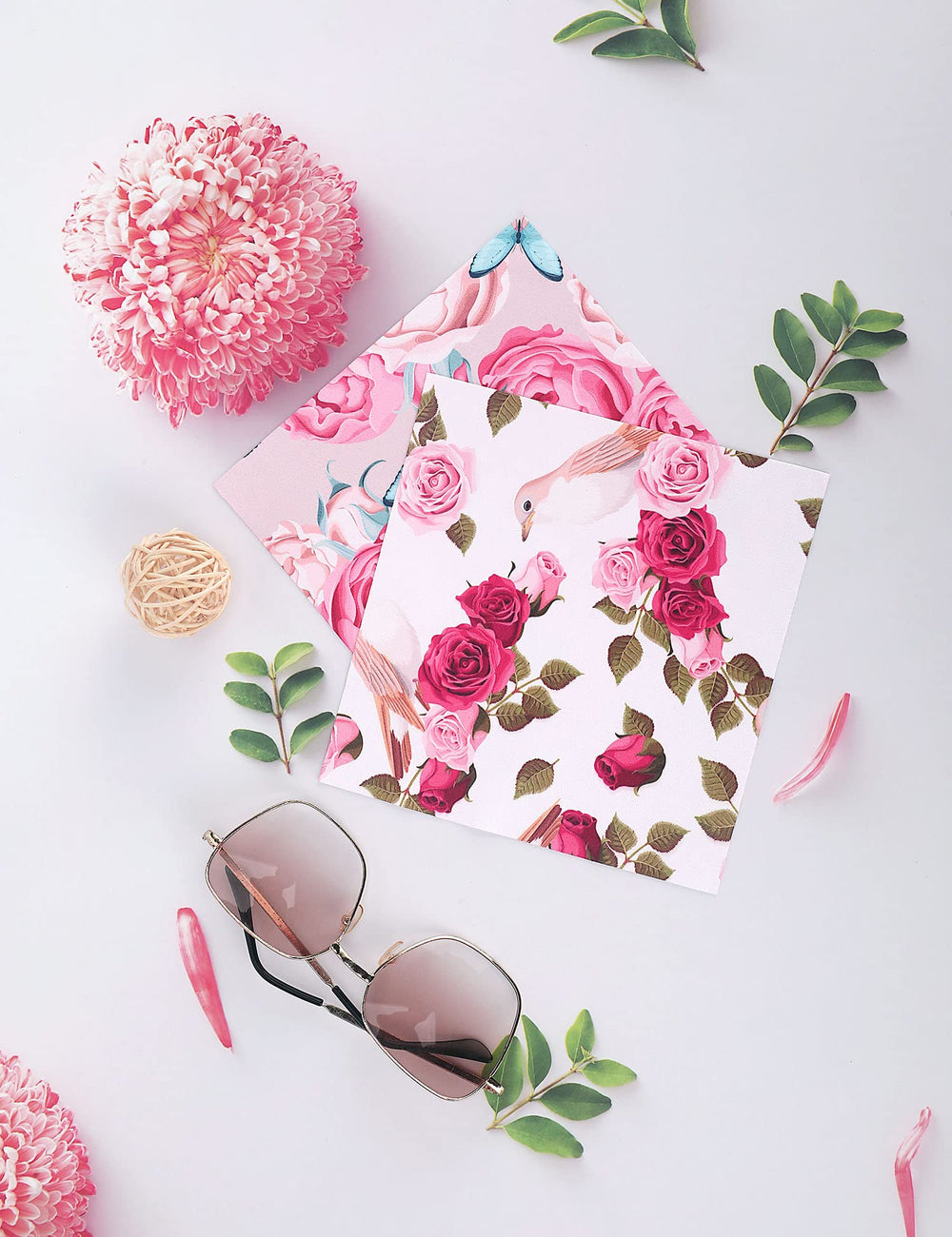 Six colorful square cleaning cloths with floral designs