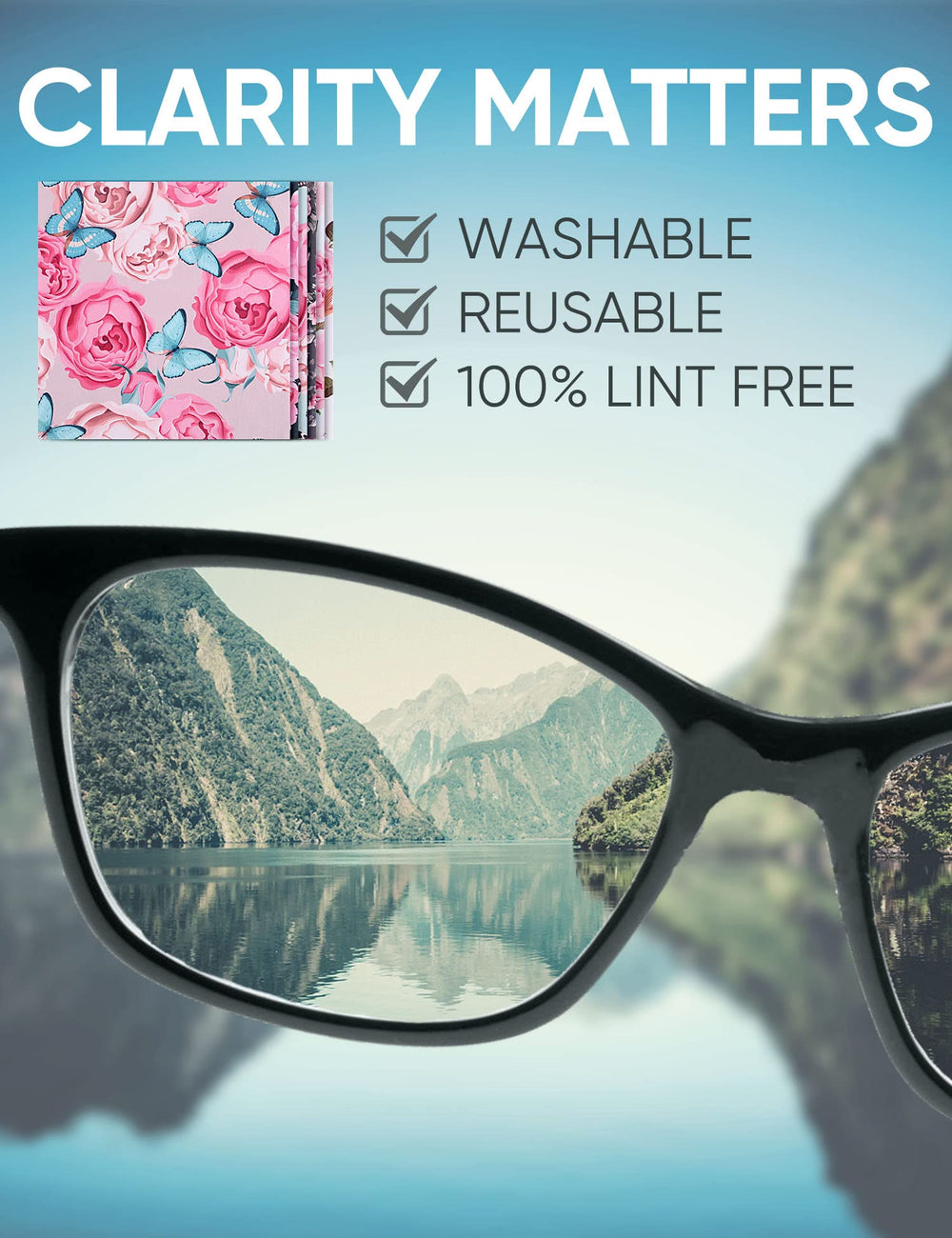 Glasses being cleaned with a peony-pattern cloth