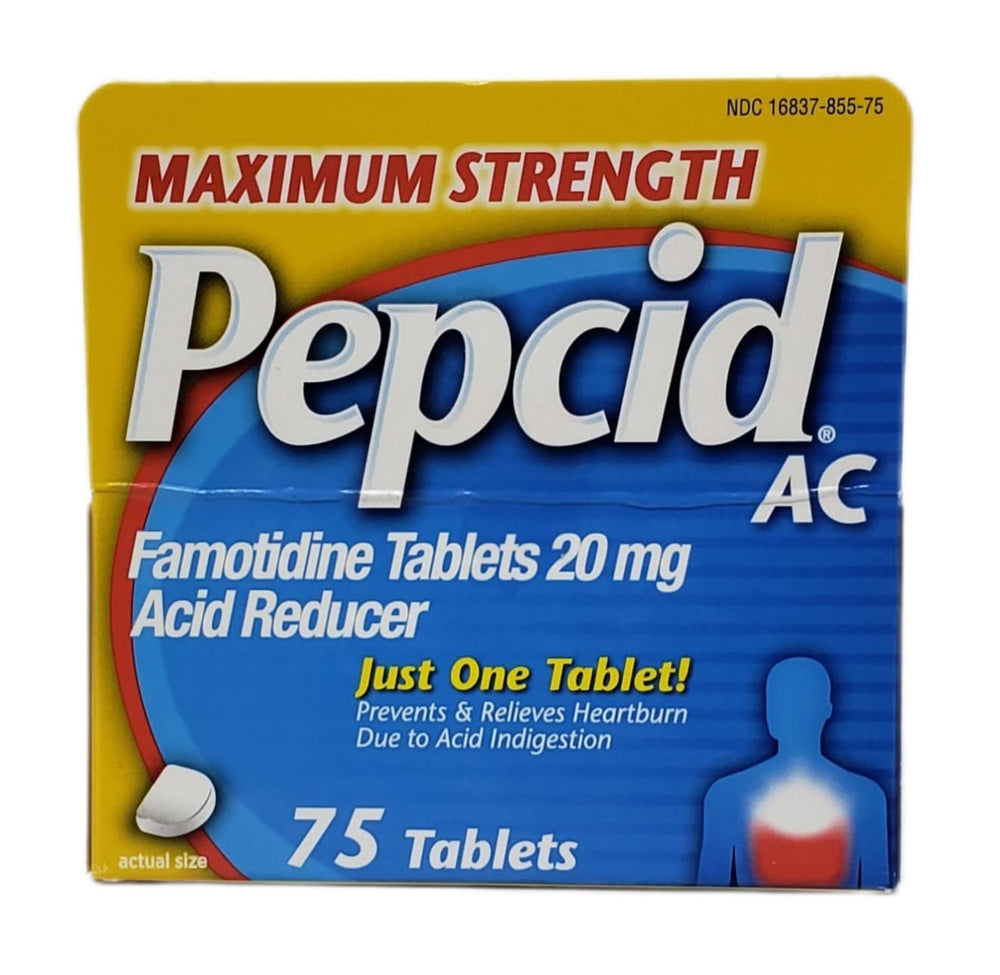 Pepcid AC 20 mg tablet closeup showing active ingredient for acid indigestion relief