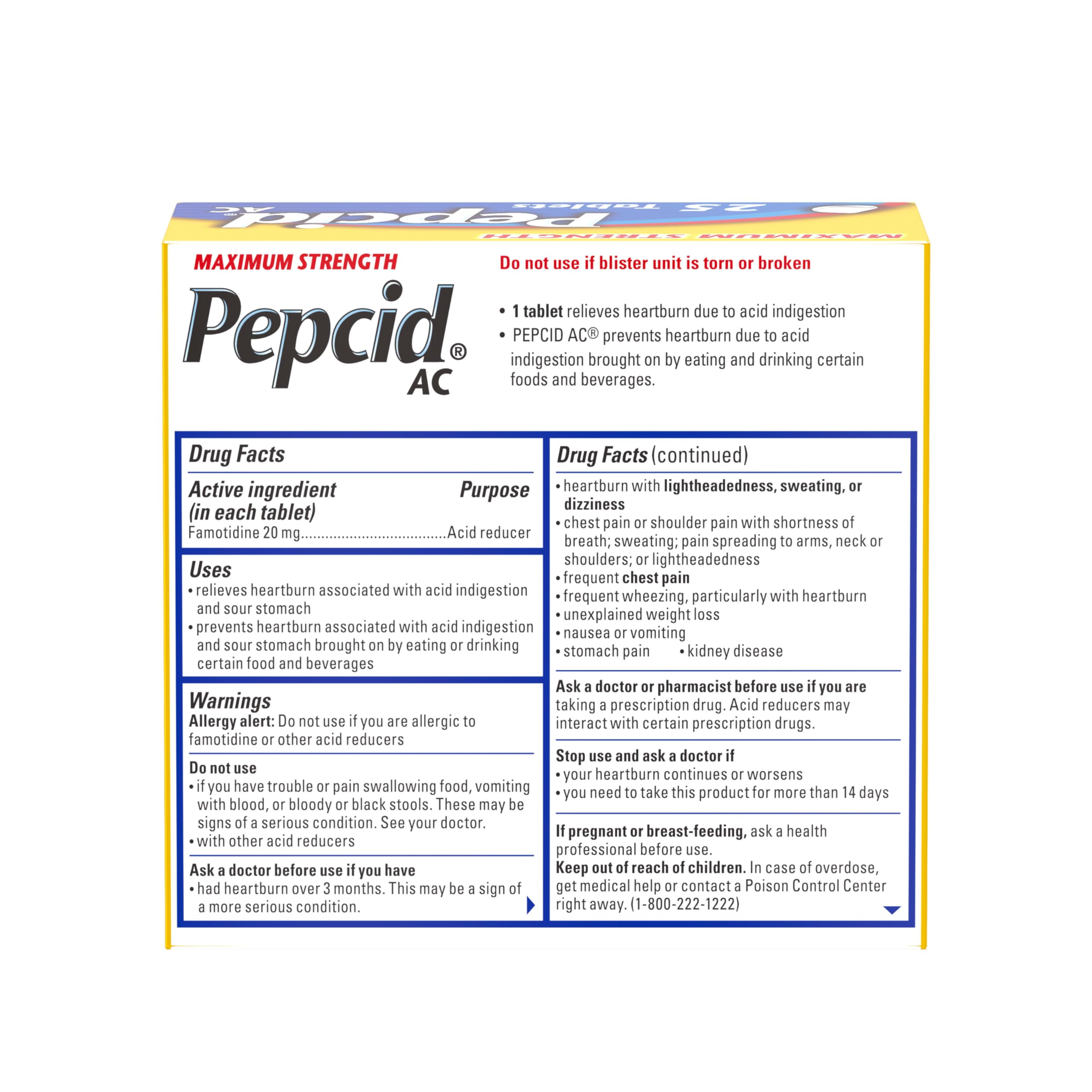 Pepcid AC front label close-up highlights 20 mg famotidine.