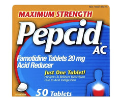 Pepcid AC packaging with directions and storage guidance highlighted.