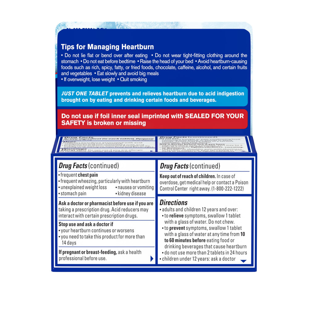 Glass of water with Pepcid AC tablet illustrates easy, consistent acid-control when needed.