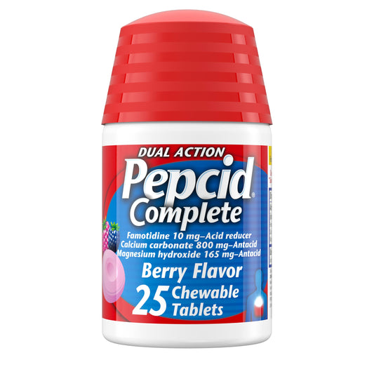 Pepcid Complete Berry chewable tablet front view for fast, dual-action heartburn relief.
