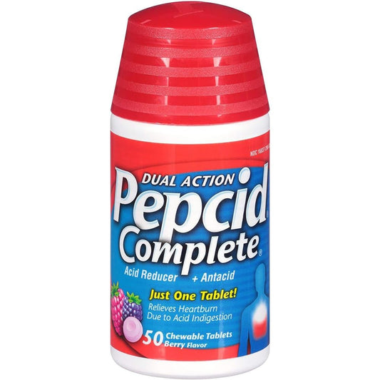 Pepcid Complete Berry Flavor chewable tablets bottle for heartburn relief and daytime use