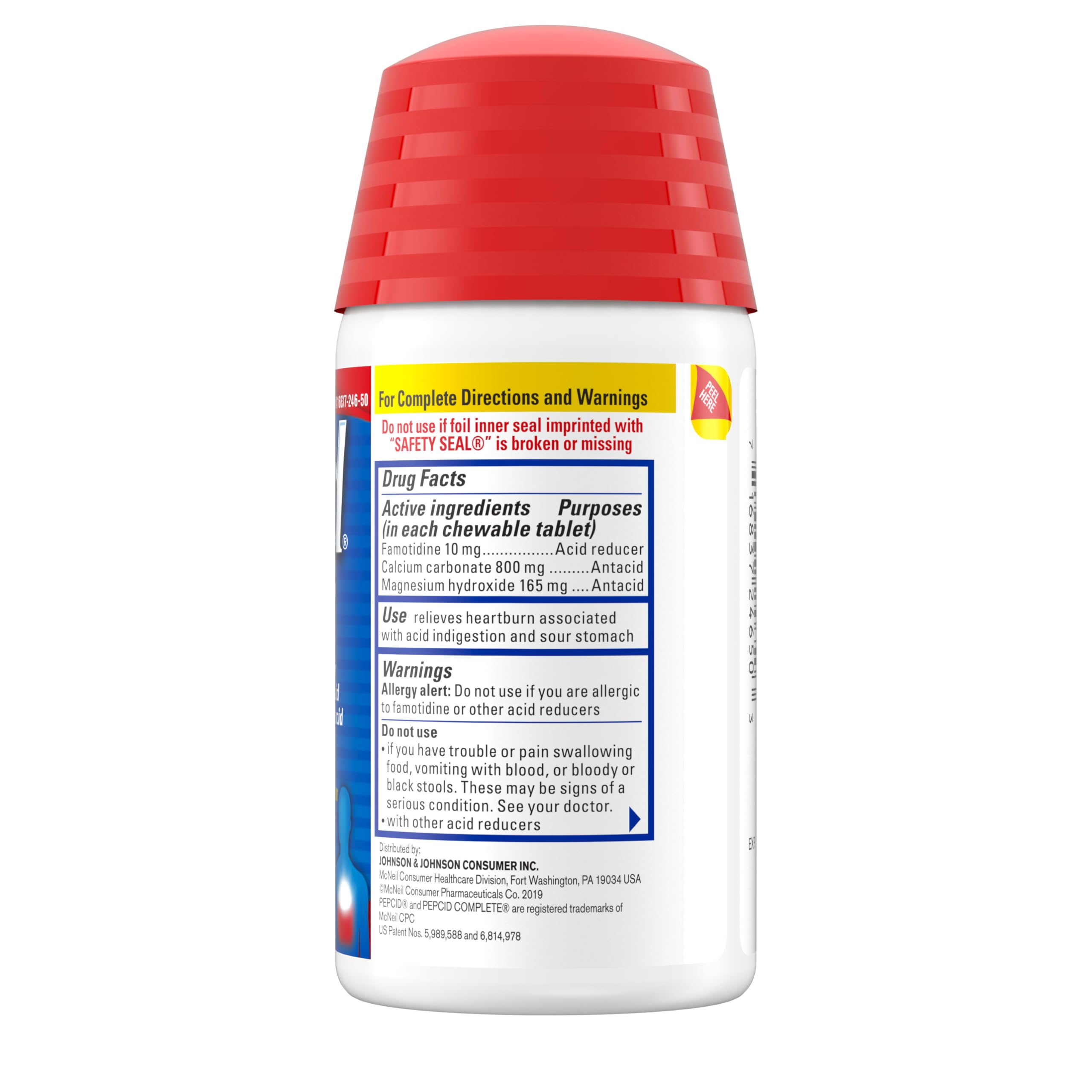 Pepcid Complete ingredients list highlights calcium carbonate and magnesium hydroxide.