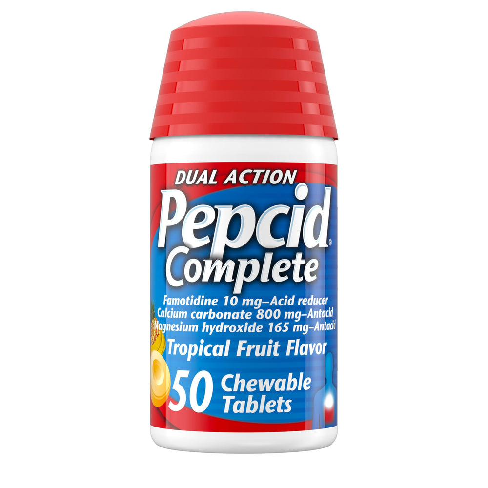 Pepcid Complete tropical fruit chews bottle front for fast relief.