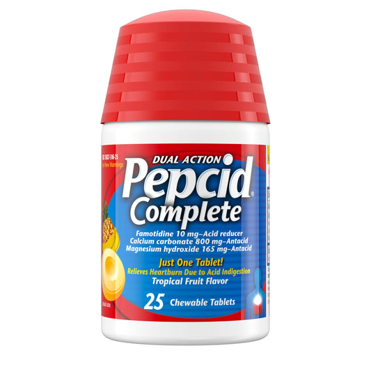Pepcid Complete tropical-fruit chew offers fast heartburn relief on the go.